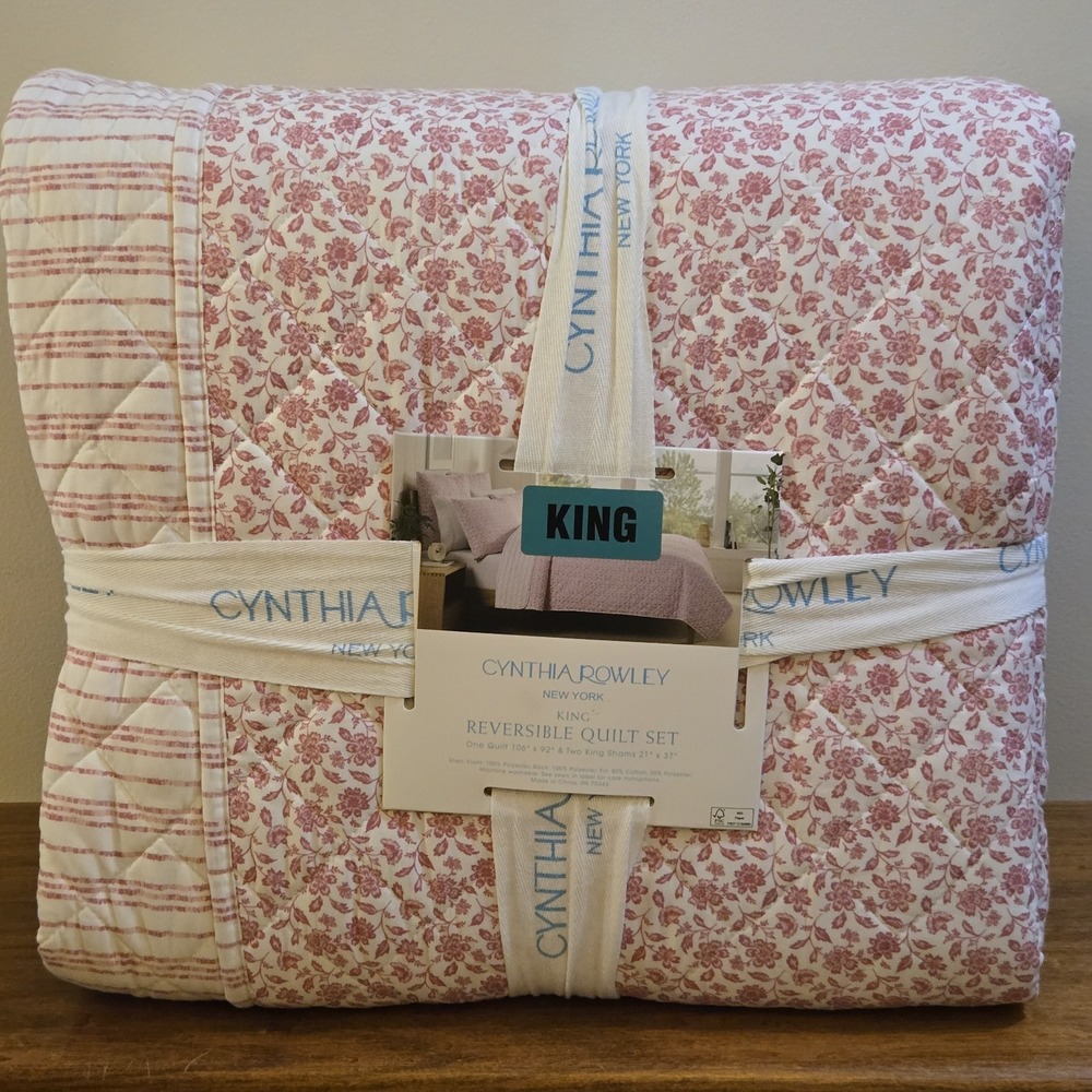 Cynthia Rowley King Pink Floral Striped Reversible Quilt Set Bedding With Shams